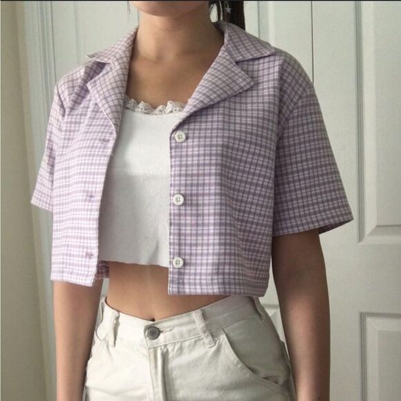 John Galt Size XS Brandy Melville Vivian Top Purple Plaid Preppy Collared Crop - Picture 2 of 12